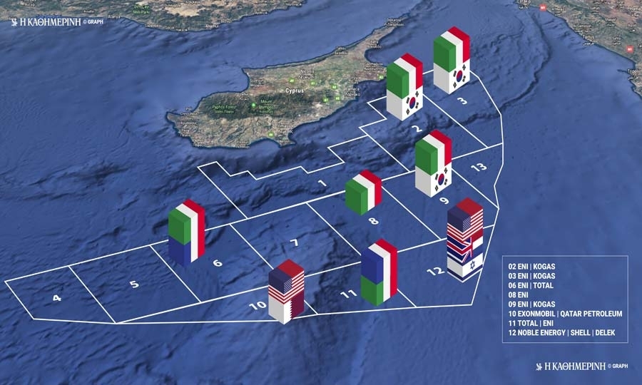 Η ΑΟΖ της Κύπρου με το σύνολο των τεμαχίων που έχουν παραχωρηθεί σε εταιρείες στους τρείς γύρους αδειοδότησης