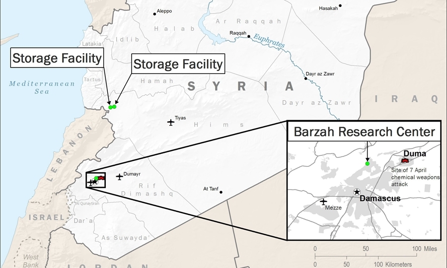Ο χάρτης δόθηκε στη δημοσιότητα από το ΥΠΑΜ των ΗΠΑ, απεικονίζει τους στόχους των αμερικανικών, βρετανικών και γαλλικών δυνάμεων στη Συρία